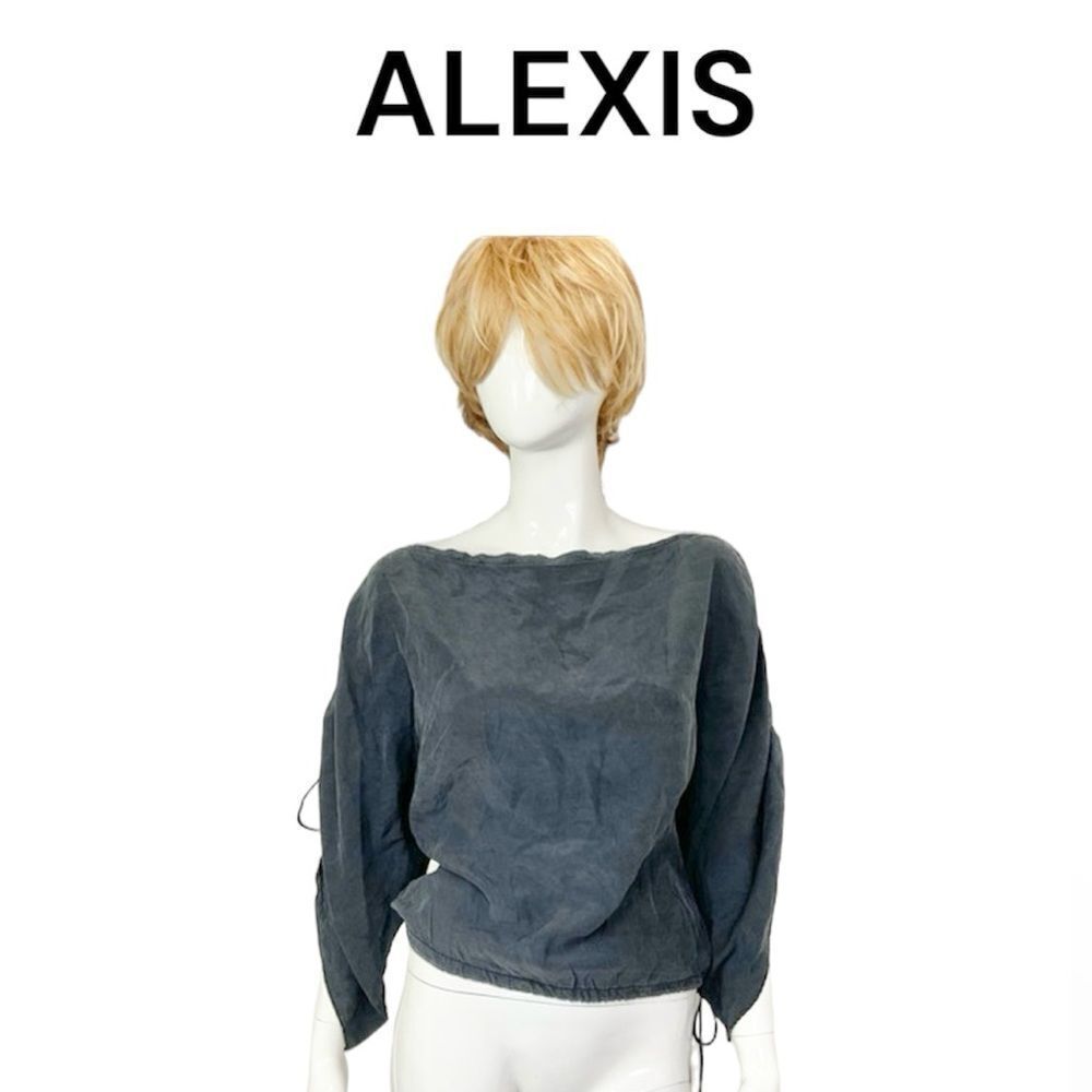 Alexis Silk Boat Neck Adjustable Ruched Sleeve Pullover Blouse Top Black XS/S